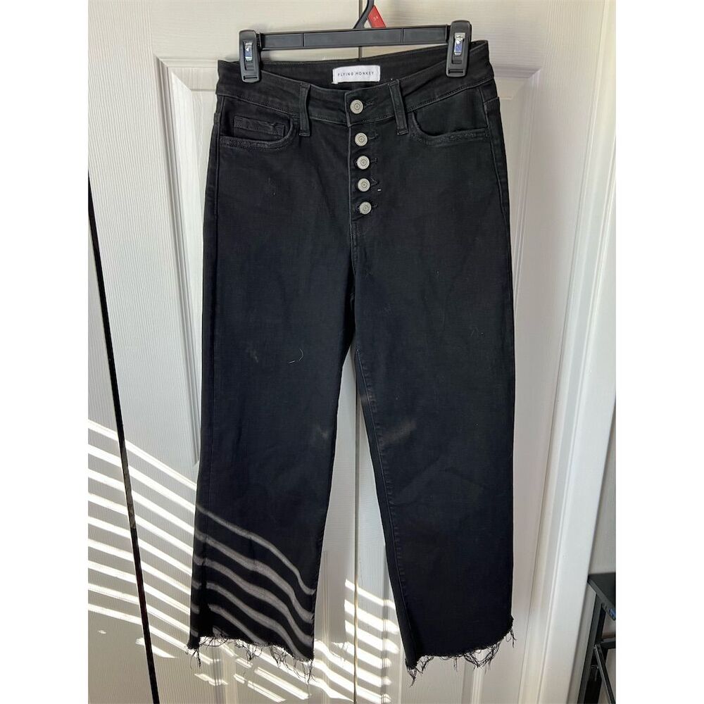 Flying Monkey Women's Wide-Leg Black Jeans Size 27 Button Fly Raw Hem